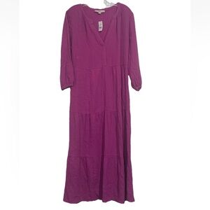 Loft Women’s L Fuchsia Tiered Midi Dress 3/4 Sleeves New W Tags Cotton Defect